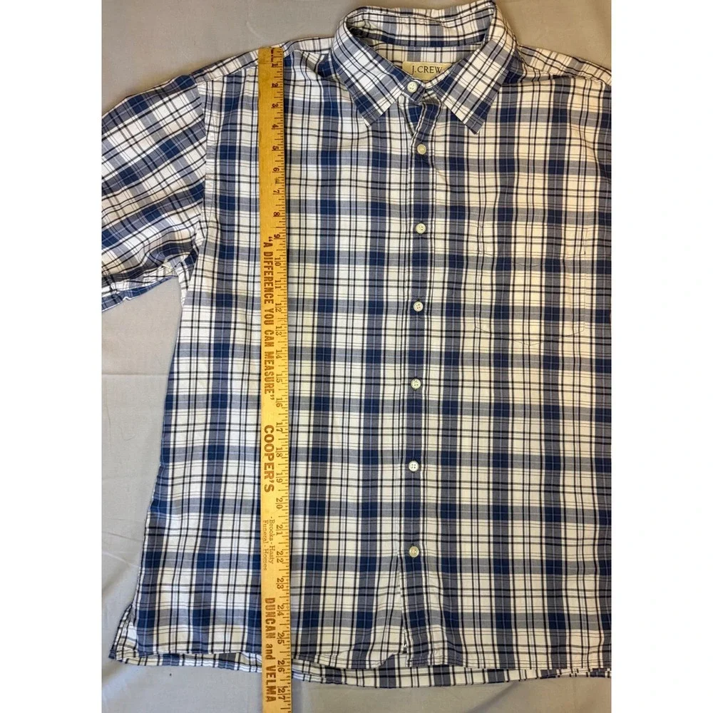 J. Crew Mens Blue White Plaid Short Sleeve Button Down Cotton Shirt Size L 60123